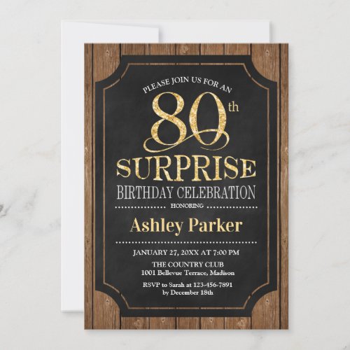 Surprise 80th Birthday Party _ Wood Gold Invitation