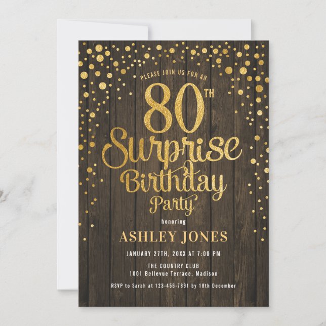 Surprise 80th Birthday Party - Wood & Gold Invitation (Front)