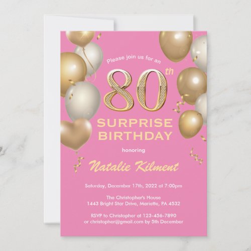 Surprise 80th Birthday Pink and Gold Balloons Invitation