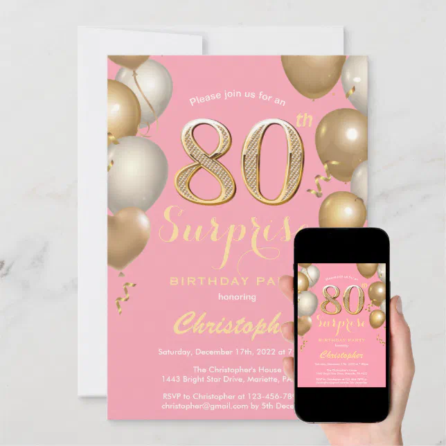 Surprise 80th Birthday Pink and Gold Balloons Invitation | Zazzle