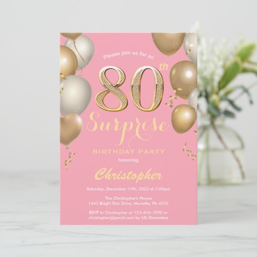 Surprise 80th Birthday Pink and Gold Balloons Invitation | Zazzle