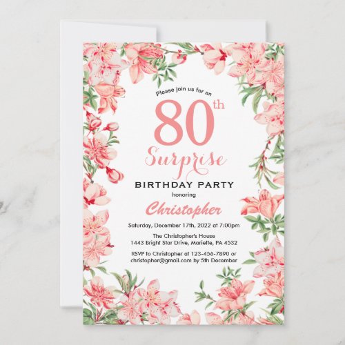 Surprise 80th Birthday Pink Boho Botanical Floral Invitation