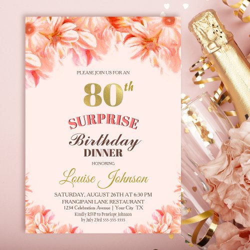 Surprise 80th Birthday Pink Gold Floral Dinner Invitation