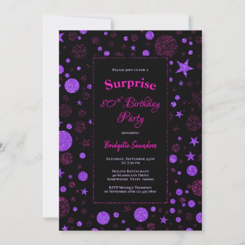 Surprise 80th Birthday Purple and Black Party Invitation