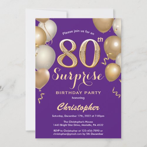 Surprise 80th Birthday Purple and Gold Balloons Invitation