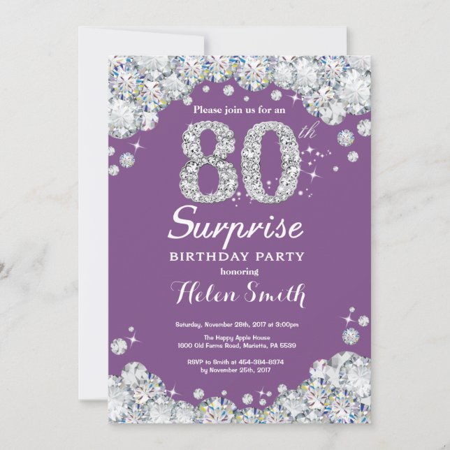 Surprise 80th Birthday Purple and Silver Diamond Invitation (Front)