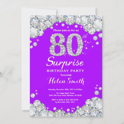 Surprise 80th Birthday Purple and Silver Diamond Invitation