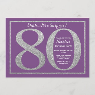 Surprise 80th Birthday Purple and Silver Glitter Invitation