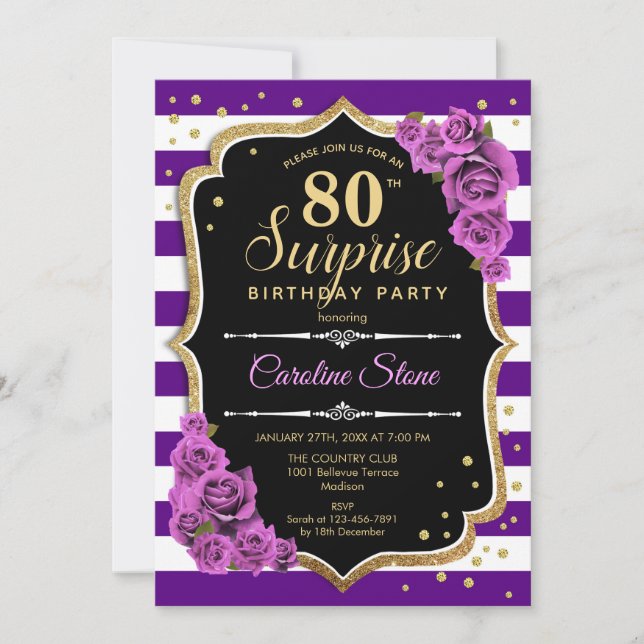 Surprise 80th Birthday - Purple Gold Invitation (Front)