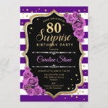Surprise 80th Birthday - Purple Gold Invitation<br><div class="desc">Surprise 80th Birthday Invitation.
Feminine purple black gold design with faux glitter gold. Features stripes,  purple roses,  script font and confetti. Perfect for an elegant birthday party. Can be personalized to show any age. Message me if you need further customization.</div>