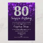 Surprise 80th Birthday - Purple Silver Invitation<br><div class="desc">Surprise 80th Birthday Invitation.
Elegant purple design with faux glitter silver. Adult birthday. Features diamonds,  bokeh lights and script font. Men or women bday invite.  Perfect for a stylish birthday party. Message me if you need further customization.</div>