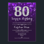 Surprise 80th Birthday - Purple Silver Invitation<br><div class="desc">Surprise 80th Birthday Invitation.
Elegant purple design with faux glitter silver. Adult birthday. Features diamonds,  bokeh lights and script font. Men or women bday invite.  Perfect for a stylish birthday party. Message me if you need further customization.</div>