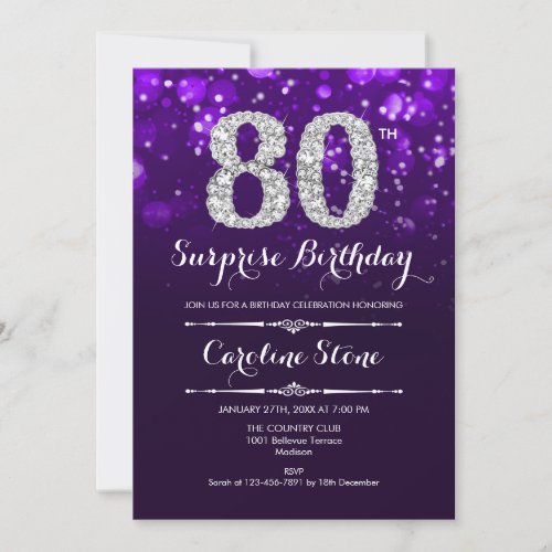 Surprise 80th Birthday _ Purple Silver Invitation