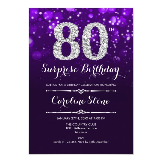 Surprise 80th Birthday - Purple Silver Invitation | Zazzle.com