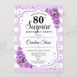 Surprise 80th Birthday - Purple White Invitation<br><div class="desc">Surprise 80th Birthday Invitation.
Feminine white,  lavender lilac design. Features stripes,  pastel purple roses,  script font and confetti. Perfect for an elegant birthday party. Can be personalized to show any age. Message me if you need further customization.</div>