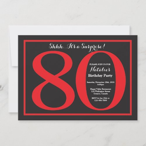 Surprise 80th Birthday Red and Black Chalkboard Invitation