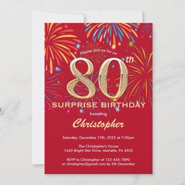 Surprise 80th Birthday Red & Gold Rainbow Firework Invitation (Front)