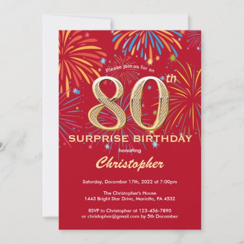 Surprise 80th Birthday Red  Gold Rainbow Firework Invitation