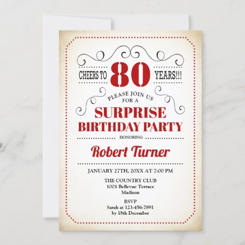 Surprise 80th Birthday _ Red White Black Invitation