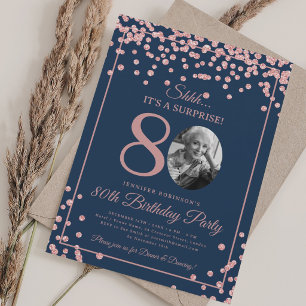 SURPRISE 80th Birthday Rose Gold Confetti Navy Blu Invitation