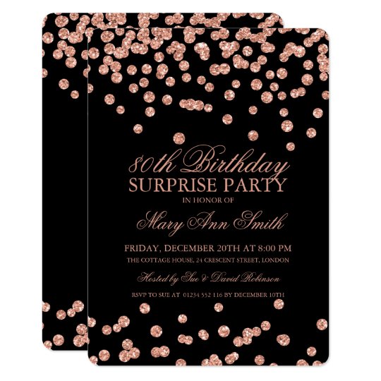 Surprise 80th Birthday Rose Gold Glitter Confetti Invitation | Zazzle.com