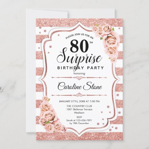 Surprise 80th Birthday _ Rose Gold White Pink Invitation