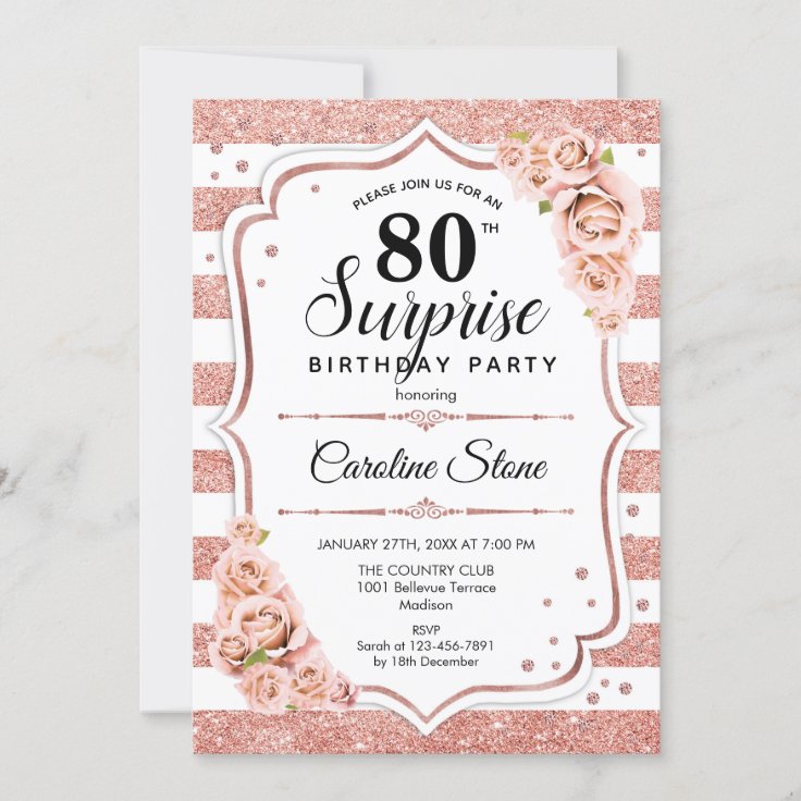 Surprise 80th Birthday - Rose Gold White Pink Invitation | Zazzle