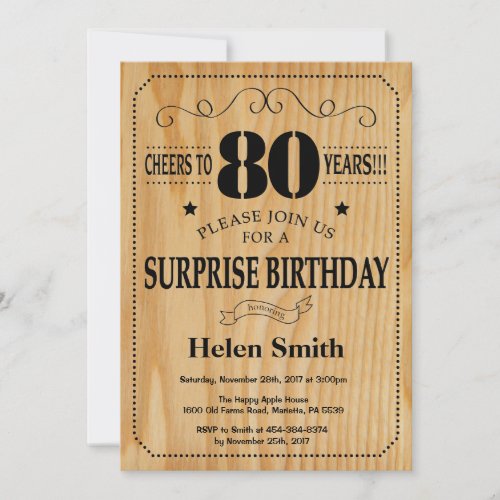 Surprise 80th Birthday Rustic Wood Invitation