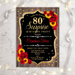 Surprise 80th Birthday - Rustic Wood Sunflowers Invitation<br><div class="desc">Surprise 80th Birthday Invitation.
Feminine rustic black,  white,  red design with faux glitter gold. Features wood pattern,  red roses,  sunflowers,  script font and confetti. Perfect for an elegant birthday party. Can be personalized to show any age. Message me if you need further customization.</div>