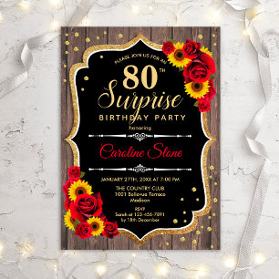 Surprise 80th Birthday - Rustic Wood Sunflowers Invitation