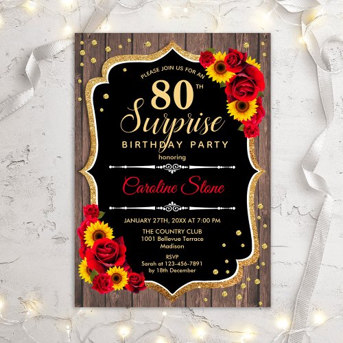 Surprise 80th Birthday _ Rustic Wood Sunflowers Invitation