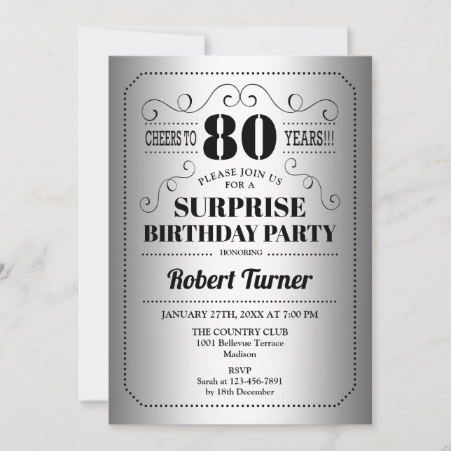 Surprise 80th Birthday - Silver Black Invitation (Front)