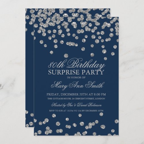 Surprise 80th Birthday Silver Glitter Navy Blue Invitation