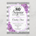 Surprise 80th Birthday - Silver White Purple Invitation<br><div class="desc">Surprise 80th Birthday Invitation.
Feminine white,  lavender design with faux glitter silver. Features stripes,  pastel lilac purple roses,  script font and confetti. Perfect for an elegant birthday party. Can be personalized to show any age. Message me if you need further customization.</div>
