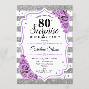 Surprise 80th Birthday - Silver White Purple Invitation