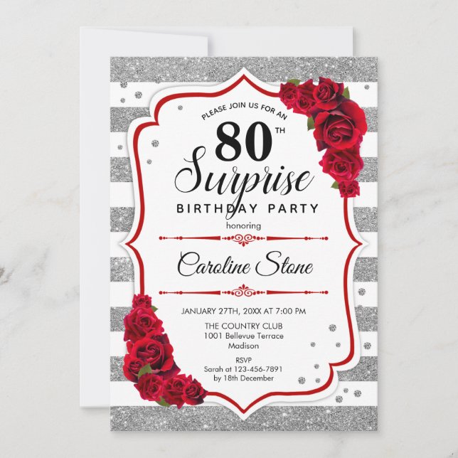 Surprise 80th Birthday - Silver White Red Invitation (Front)