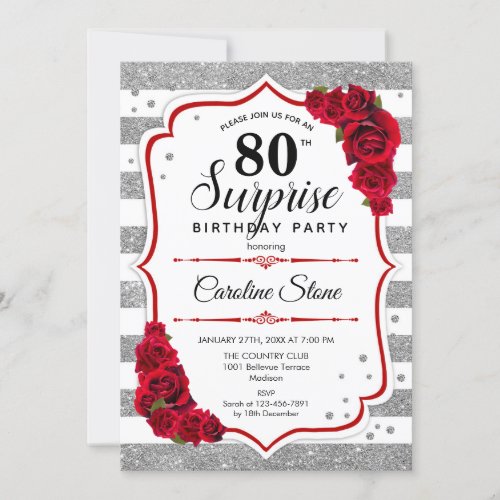 Surprise 80th Birthday _ Silver White Red Invitation