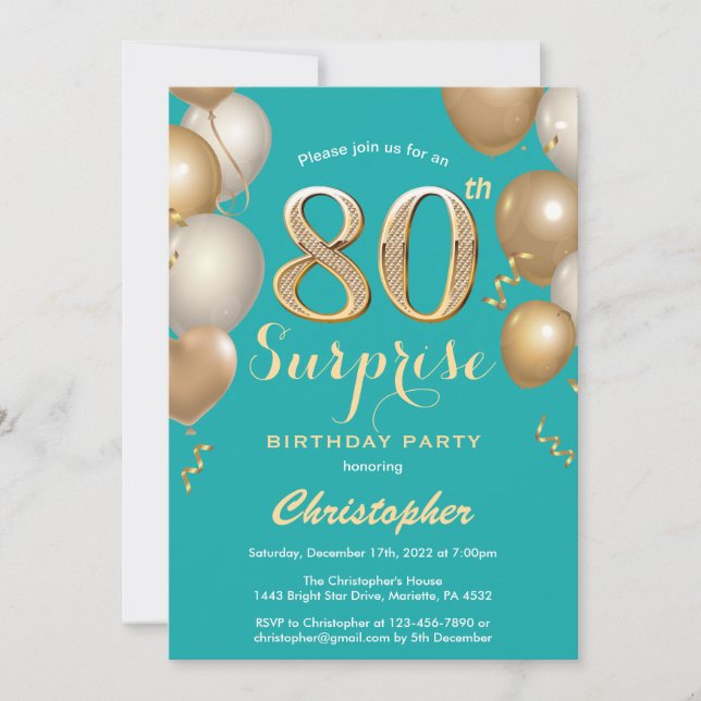 Surprise 80th Birthday Teal and Gold Balloons Invitation (Front)