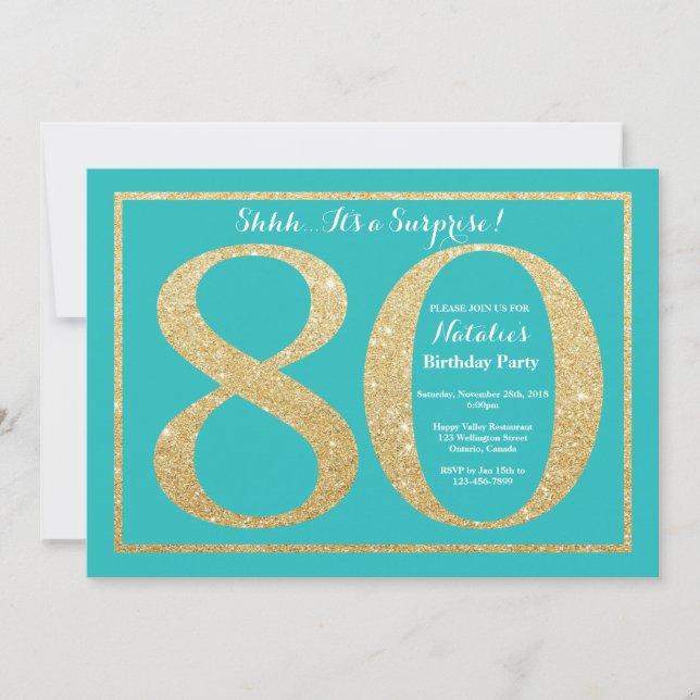 Surprise 80th Birthday Teal and Gold Glitter Invitation (Front)