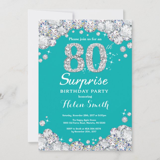 Surprise 80th Birthday Teal and Silver Diamond Invitation (Front)