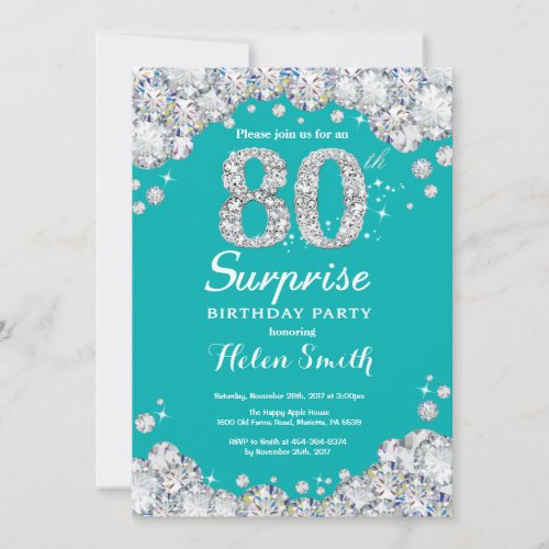 Surprise 80th Birthday Teal and Silver Diamond Invitation