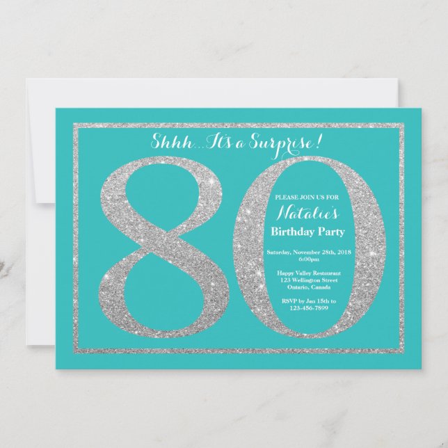 Surprise 80th Birthday Teal and Silver Glitter Invitation (Front)