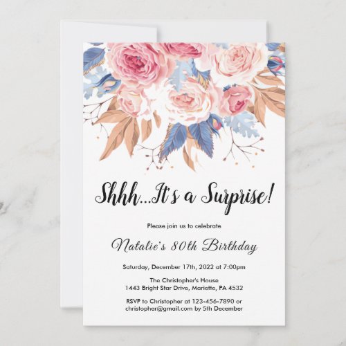 Surprise 80th Birthday Watercolor Botanical Floral Invitation