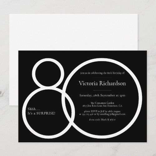 Surprise 80th Birthday White and Black Minimalist 