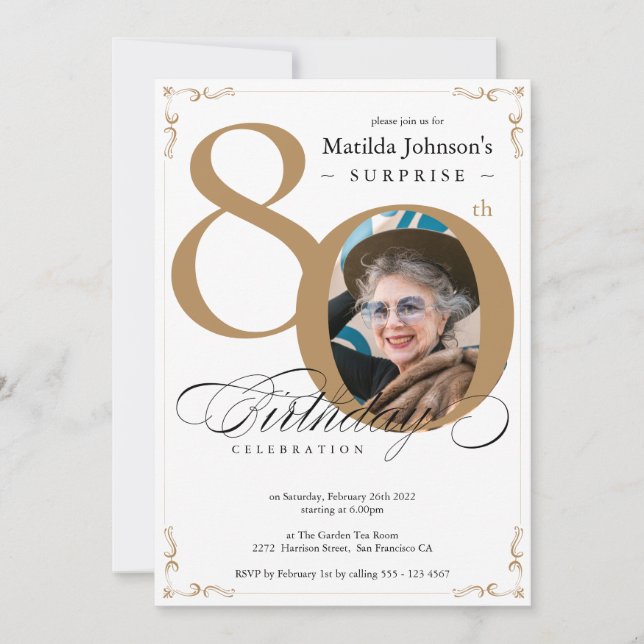 Surprise 80th Birthday White Gold Elegant Photo  Invitation (Front)