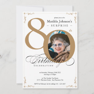 Surprise 80th Birthday White Gold Elegant Photo Invitation