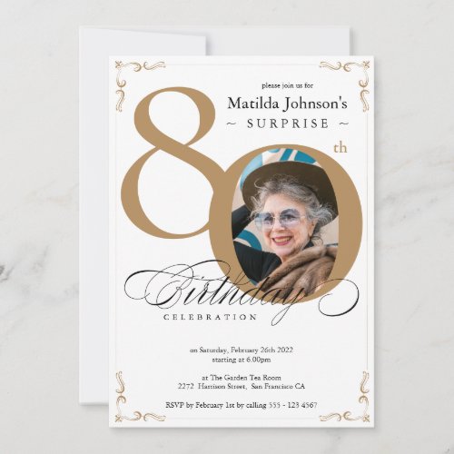 Surprise 80th Birthday White Gold Elegant Photo  Invitation