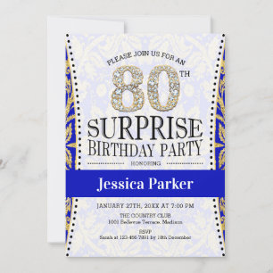 Surprise 80th Birthday - White Gold Royal Blue Invitation