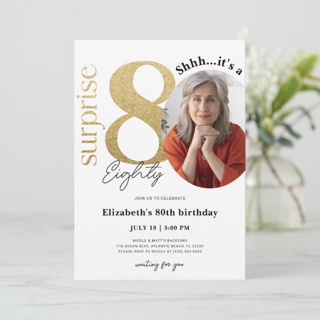 Surprise 80th Gold Birthday Invitation with Photo (Standing Front)