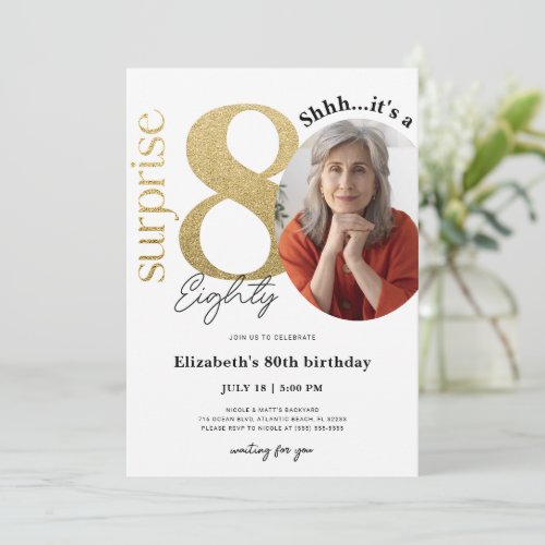 Surprise 80th Gold Birthday Invitation with Photo